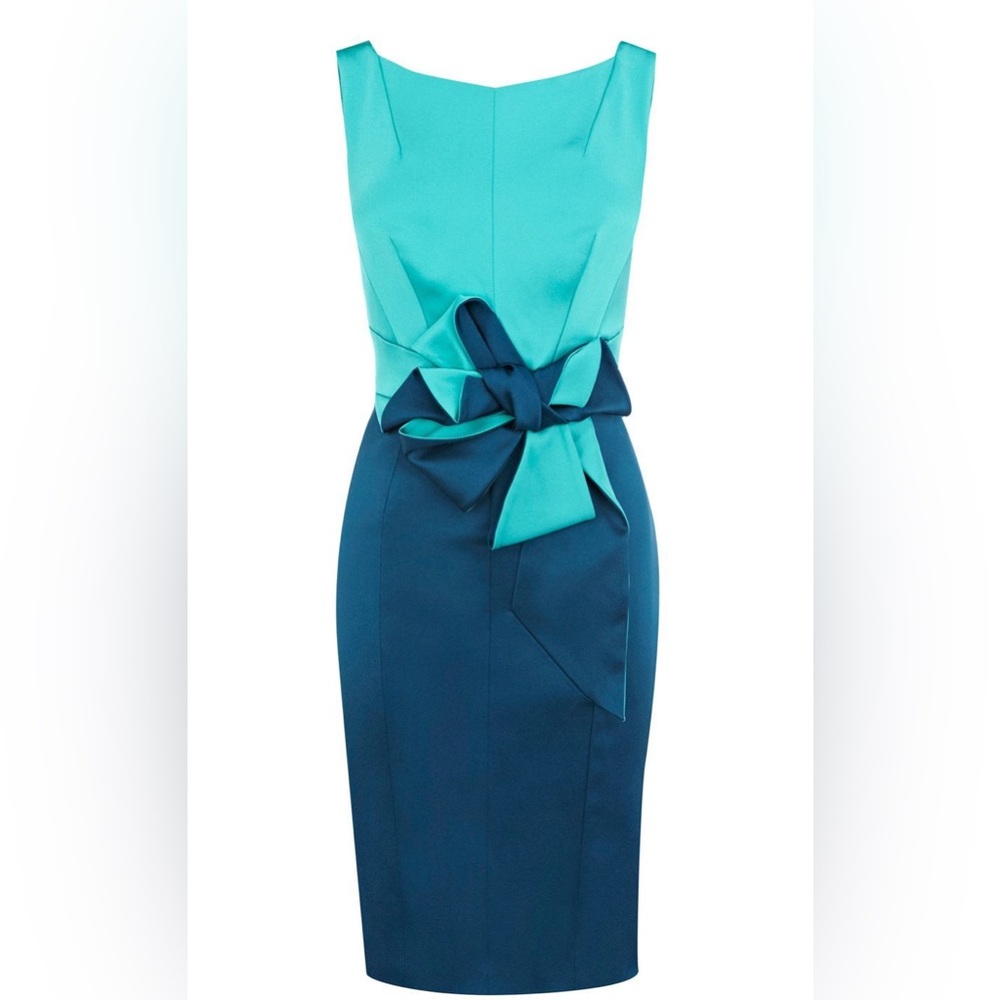 NWT Karen Millen Gorgeous  Satin Turquoise Cocktail Bow Pencil Dress US 6